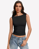 Black boat-neck sleeveless ruched top, fitted waist