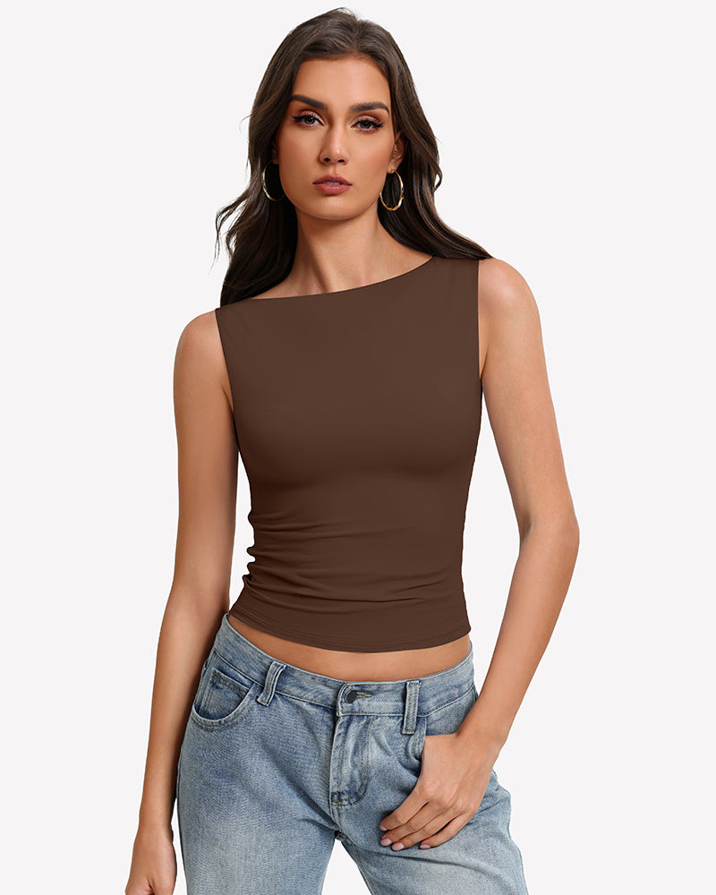 Brown boat-neck sleeveless ruched top, fitted waist