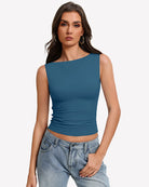 Blue-green boat-neck sleeveless ruched top, fitted waist