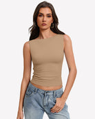 Khaki boat-neck sleeveless ruched top, fitted waist