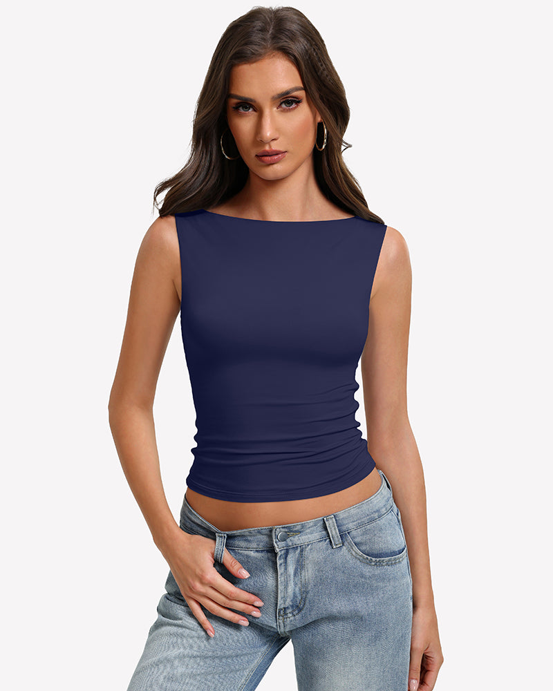 Navy blue boat-neck sleeveless ruched top, fitted waist