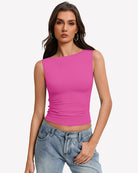 Pink boat-neck sleeveless ruched top, fitted waist