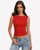 Red boat-neck sleeveless ruched top, fitted waist