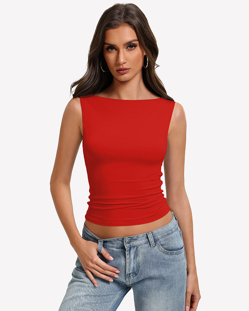 Red boat-neck sleeveless ruched top, fitted waist