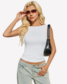 White boat-neck sleeveless ruched top, fitted waist