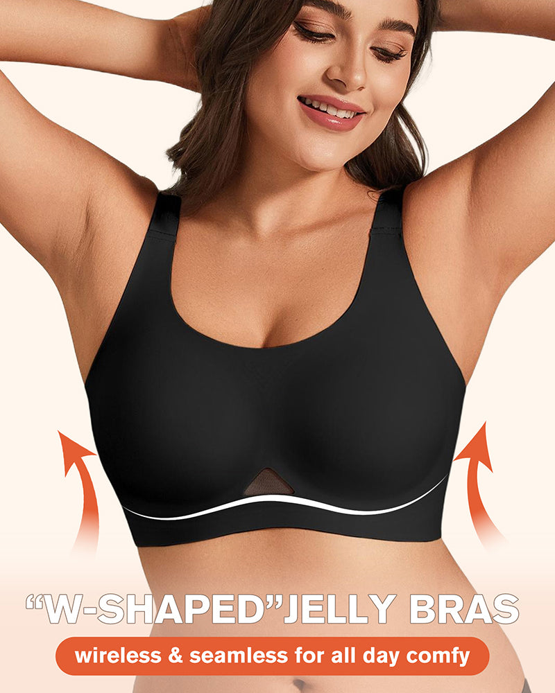 Black U-neck wireless jelly bra with smooth molded cups and wide band