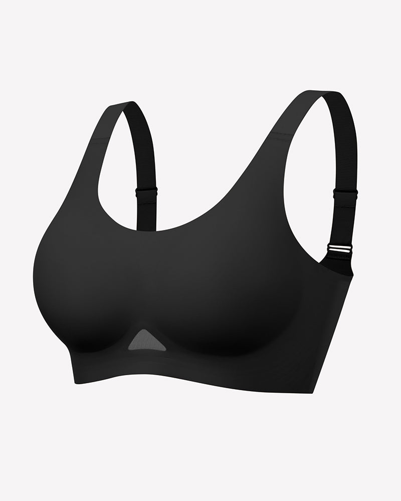 Black seamless padded bralette flat lay with U-neck and wide-set straps