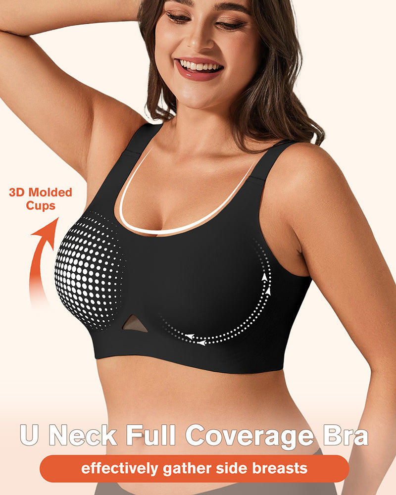 Black wireless jelly bra with U-neck, 3D molded cups, and wide underband