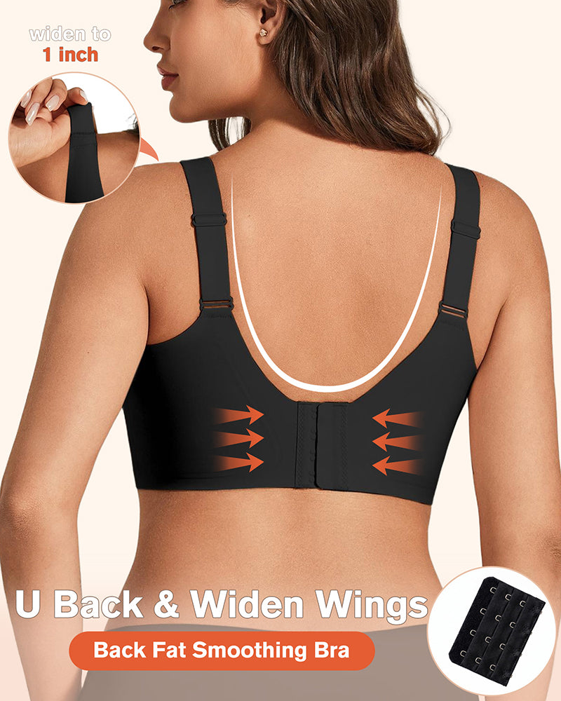 Black back-view bralette with adjustable wide wings and seamless molded cups