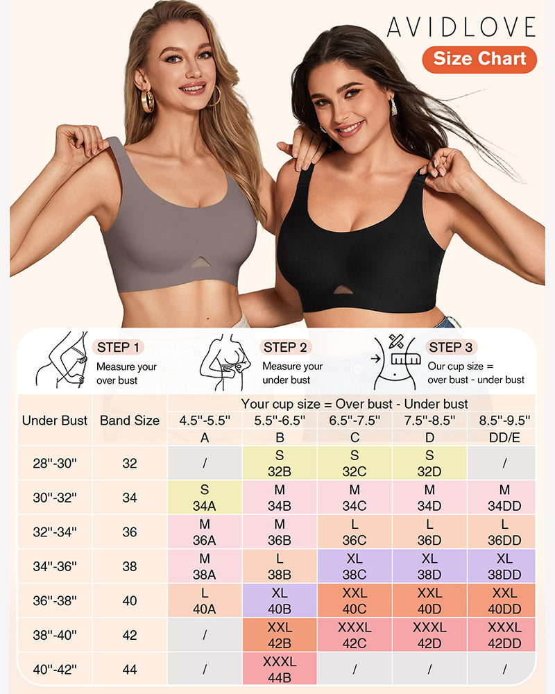 Wireless jelly bra size chart graphic with black and gray seamless bralette views