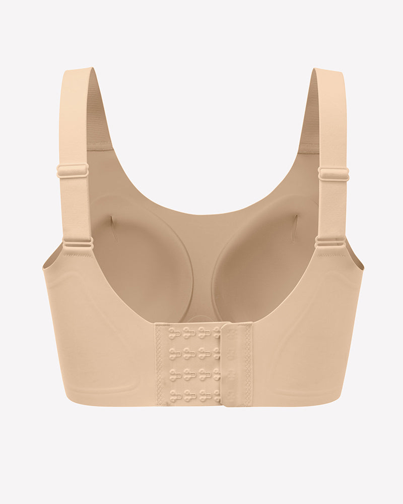 Nude padded wireless U-neck bralette with front hook-and-eye closure, seamless