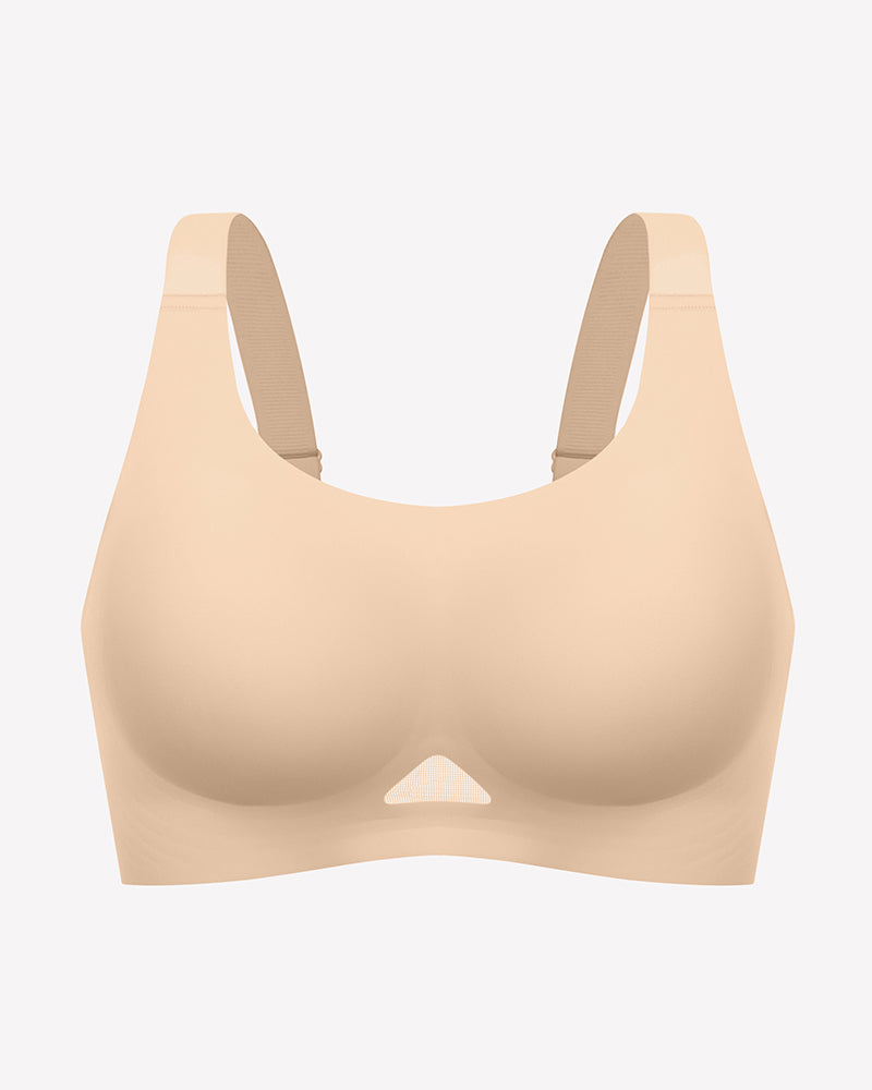 Nude seamless padded U-neck wireless bralette with scoop neckline