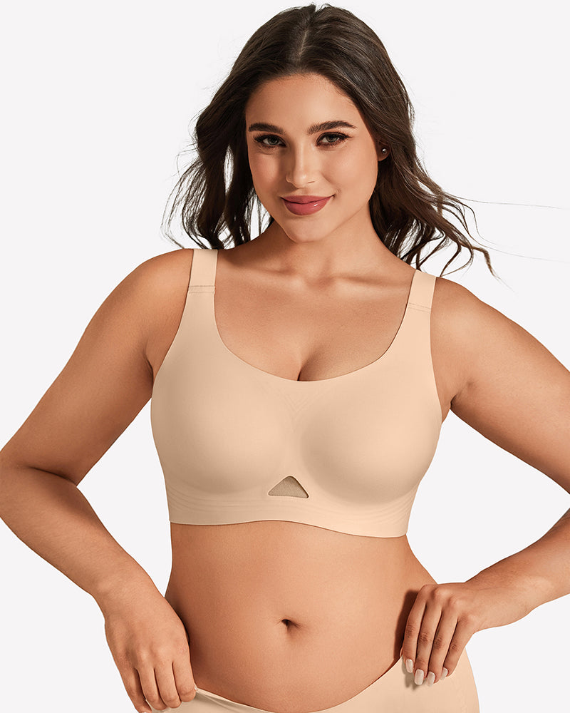 Nude seamless padded bralette with U-neck, wireless support and wide straps