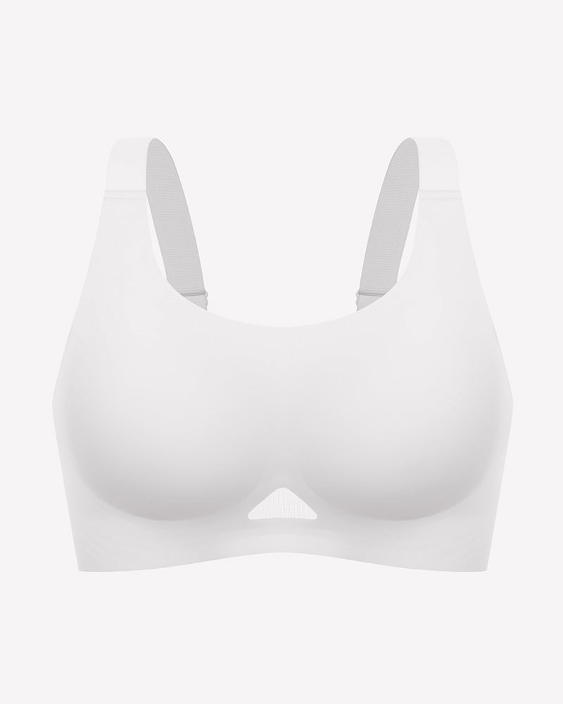White seamless padded wireless U-neck bralette with adjustable straps