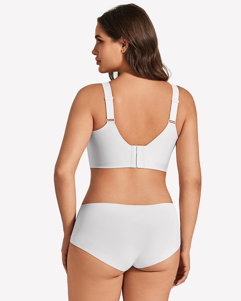 Back view of white wireless U-neck padded bralette with adjustable straps
