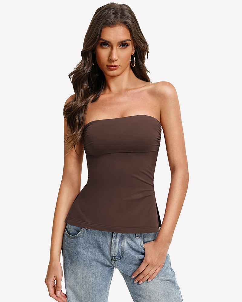 Brown bandeau tube top with double lining and side split hem