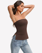 Brown bandeau tube top with ruched waist and side split detail