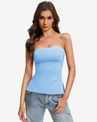 Light blue bandeau tube top with double lining and side split hem