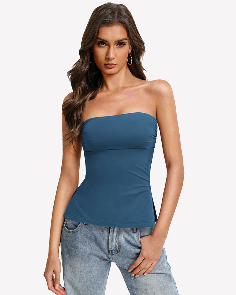 Blue bandeau tube top with double lining and side split hem