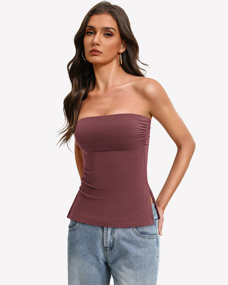 Maroon bandeau tube top with double lining and side split hem