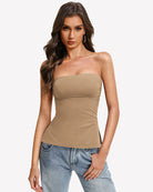 Double-lined strapless tube top in taupe nude, with side-slit hem