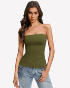 Double-lined strapless tube top in olive green, with side-slit hem