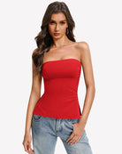 Double-lined strapless tube top in red, with side-slit hem
