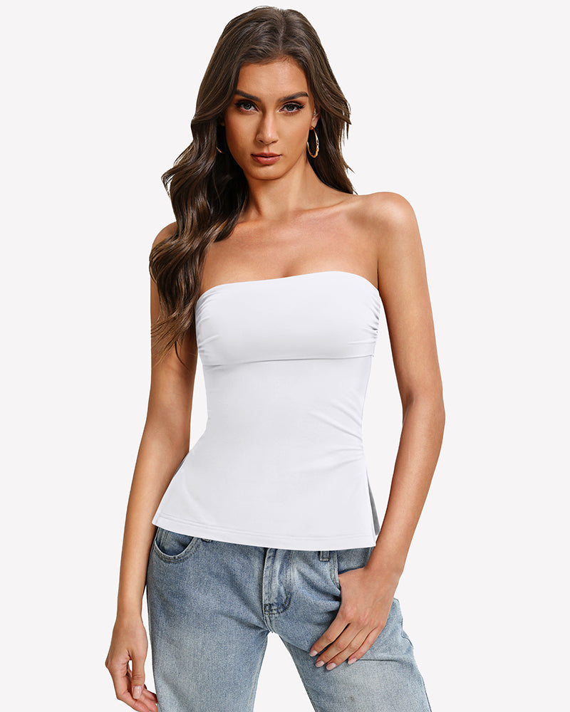 Double-lined strapless tube top in white, with side-slit hem