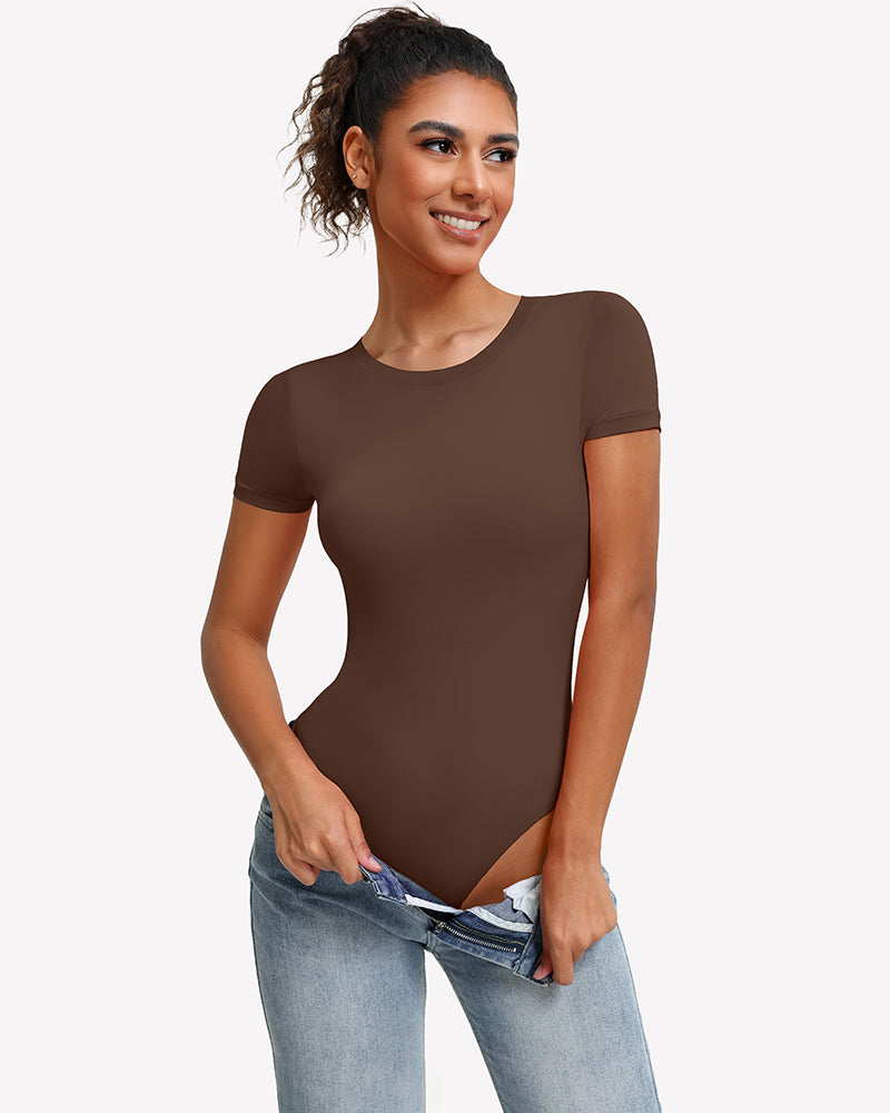 Brown short sleeve snap bodysuit one-piece leotard with round crew neck