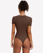 Brown short sleeve snap bodysuit one-piece leotard, back view