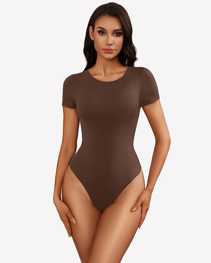 Brown short-sleeve snap bodysuit, fitted one-piece leotard top.