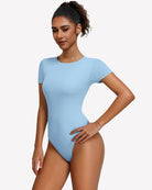 Light blue short sleeve snap bodysuit one-piece leotard with round crew neck