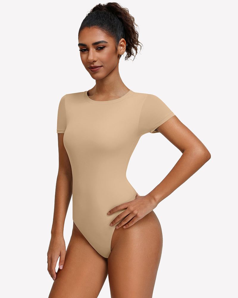 Khaki short-sleeve snap bodysuit, crew neck, fitted one-piece leotard top.