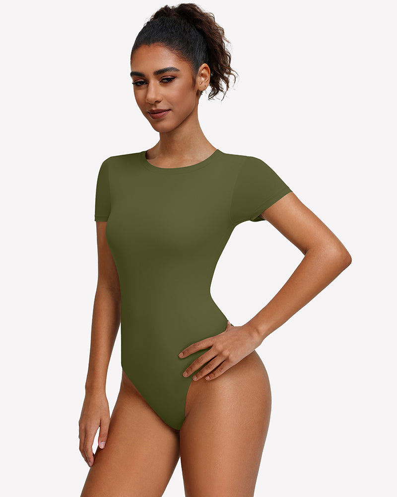 Olive green short-sleeve snap bodysuit, fitted one-piece leotard top.