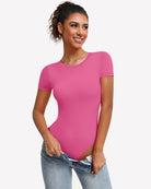 Pink short sleeve snap bodysuit one-piece leotard with round crew neck