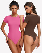 Pink and brown short sleeve snap bodysuits one-piece leotards with round crew necks