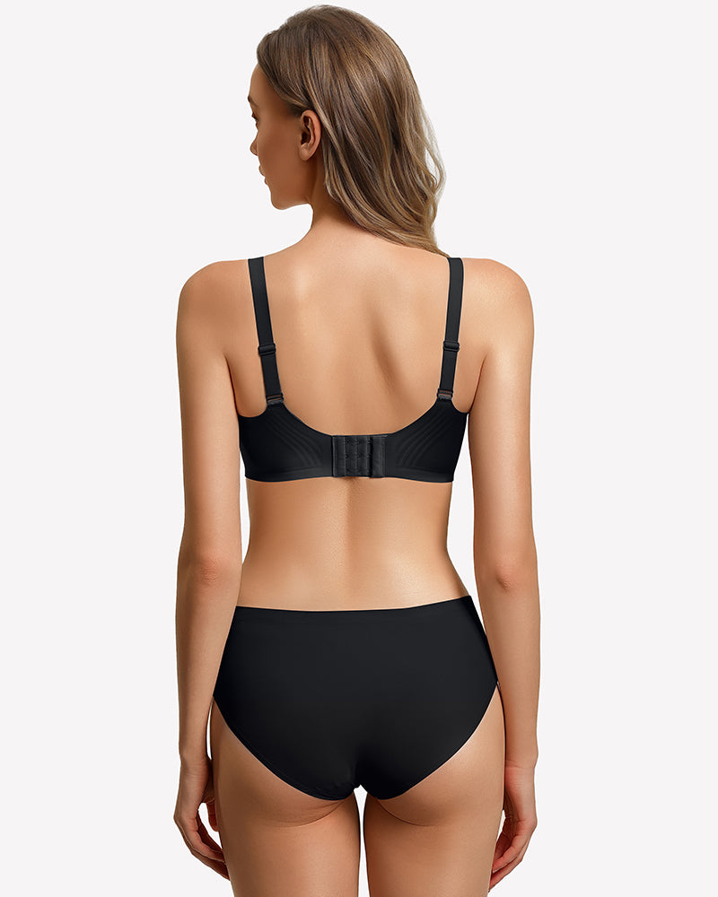 Wireless seamless bralette back view in black, adjustable straps and elastic underband