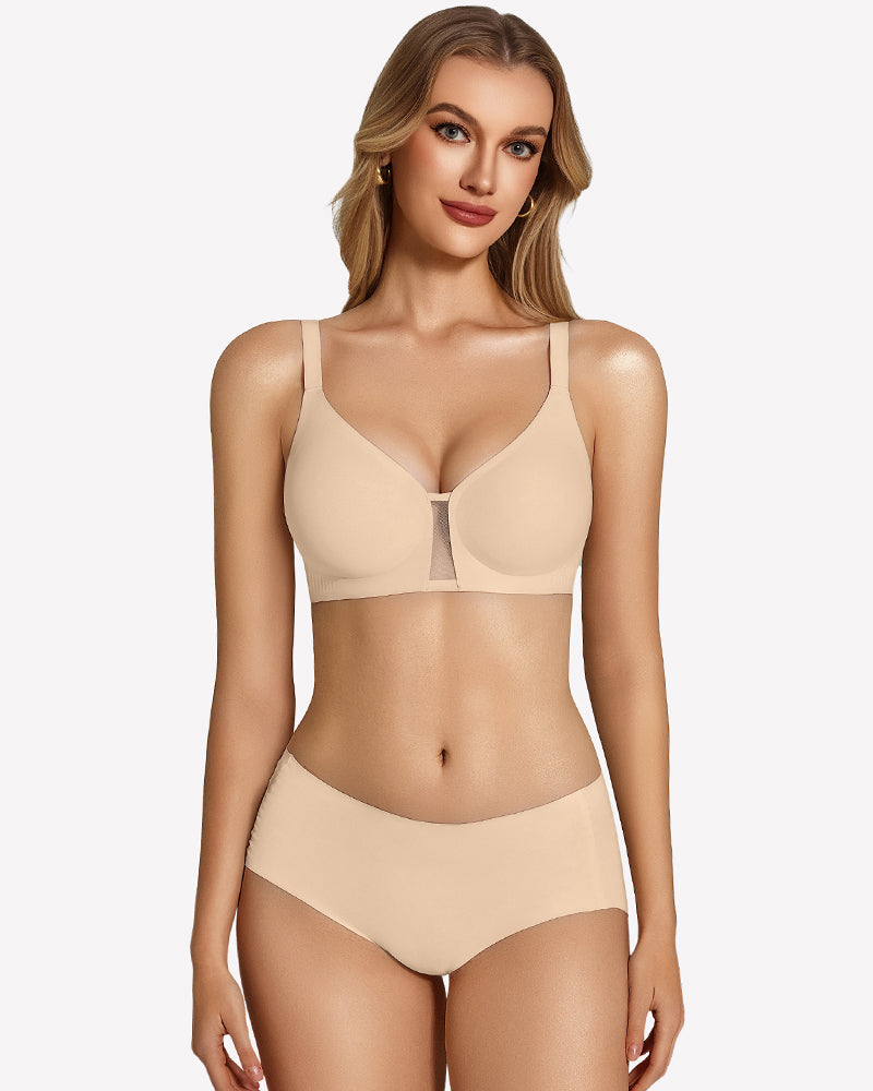 Wireless seamless bralette with matching briefs, light beige underwire cups and front closure