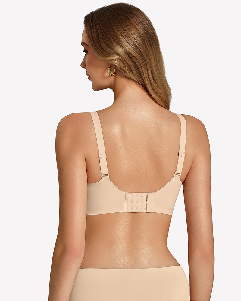 Wireless seamless bralette back view in light beige, adjustable straps and center closure