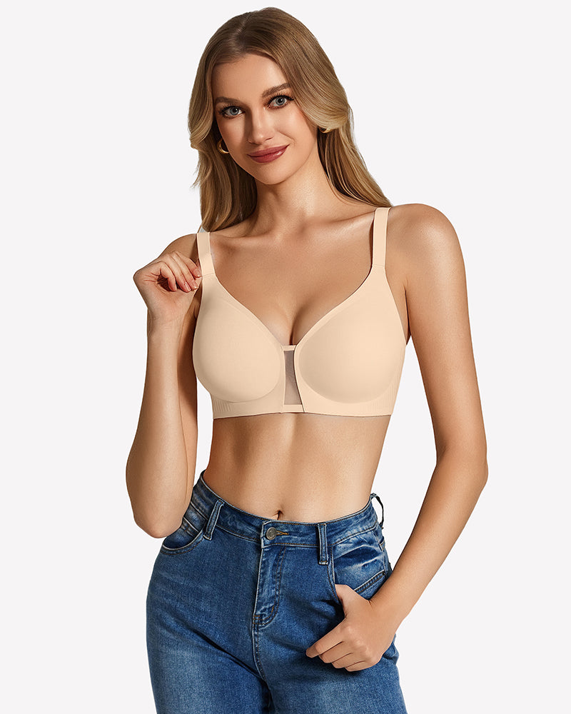 Wireless seamless bralette, light beige cups with adjustable shoulder straps and front hook