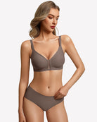 Wireless seamless bralette, dark gray plunge V-neck with wide straps and molded cups