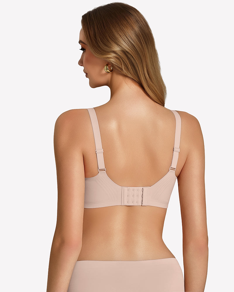 Wireless seamless bralette, nude back view with adjustable straps and hook-and-eye band