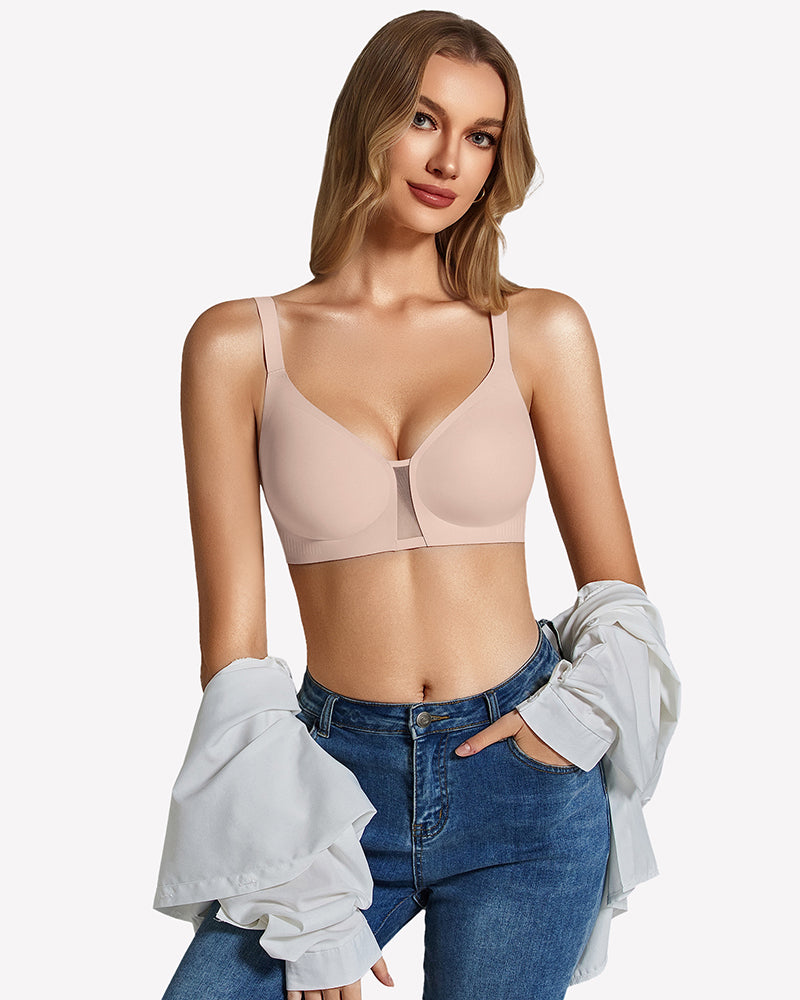 Wireless seamless bralette in light pink-beige with molded cups, adjustable straps