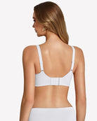 Wireless seamless bralette, white back view with adjustable straps and hook-and-eye band