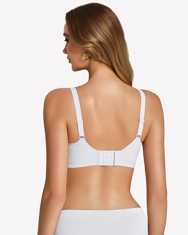 Wireless seamless bralette, white back view with adjustable straps and hook-and-eye band