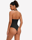 Black halter bodysuit showing open back with wide neck strap