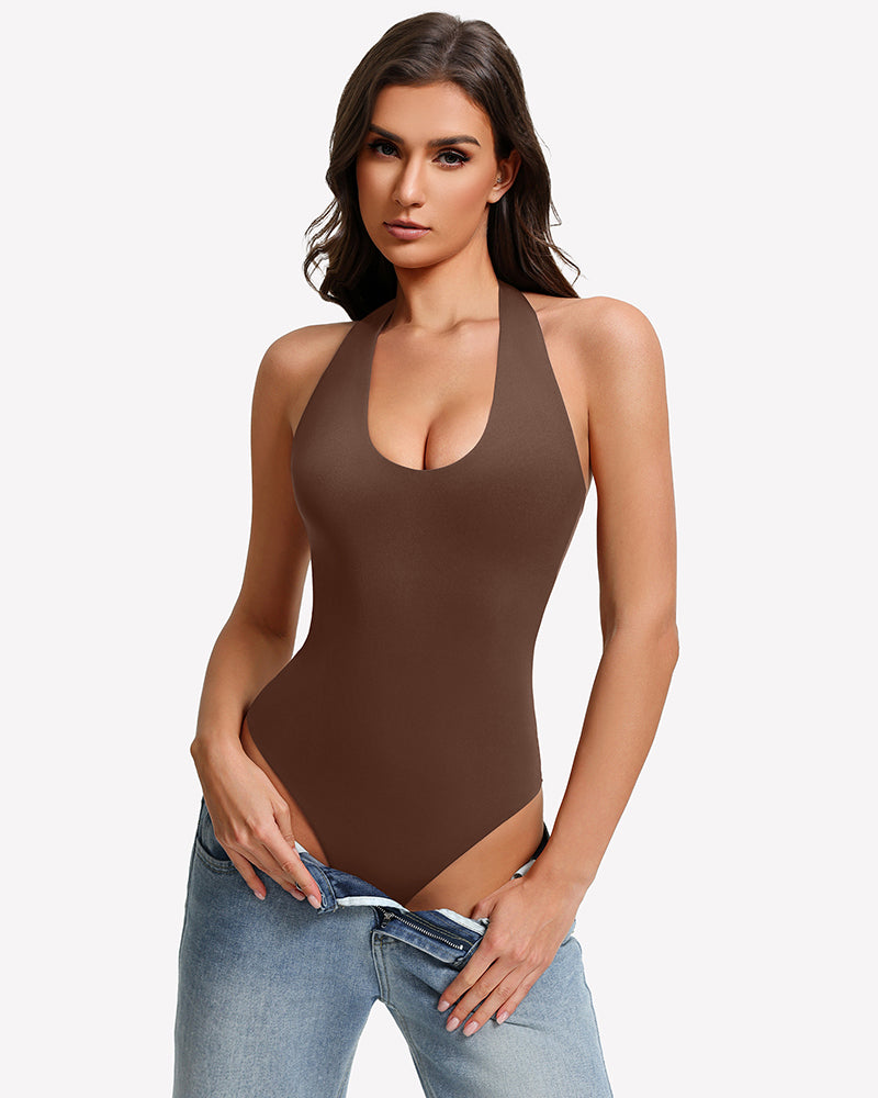 Brown backless halter bodysuit with deep scoop neckline and fitted leg opening