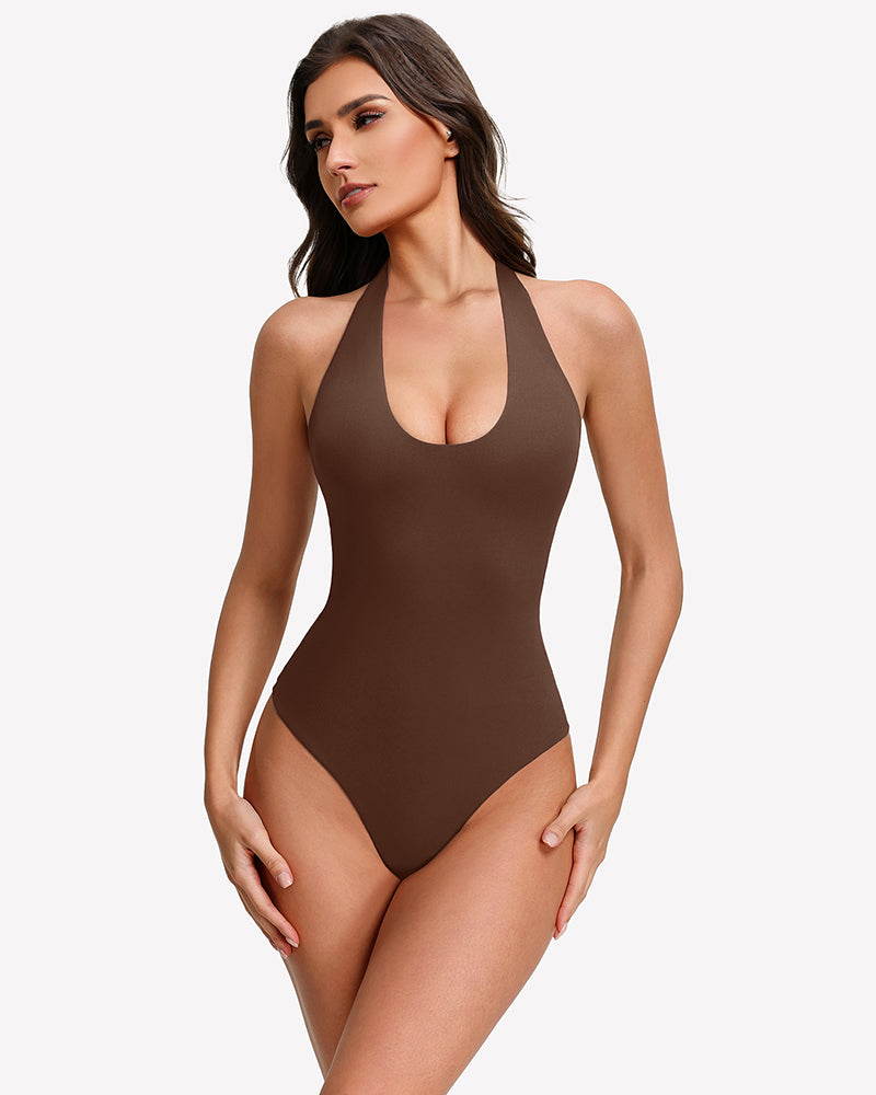 Brown halter bodysuit tank with deep scoop front and backless open back