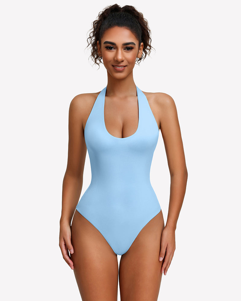 Light blue halter bodysuit with deep scoop neckline, seamless one-piece