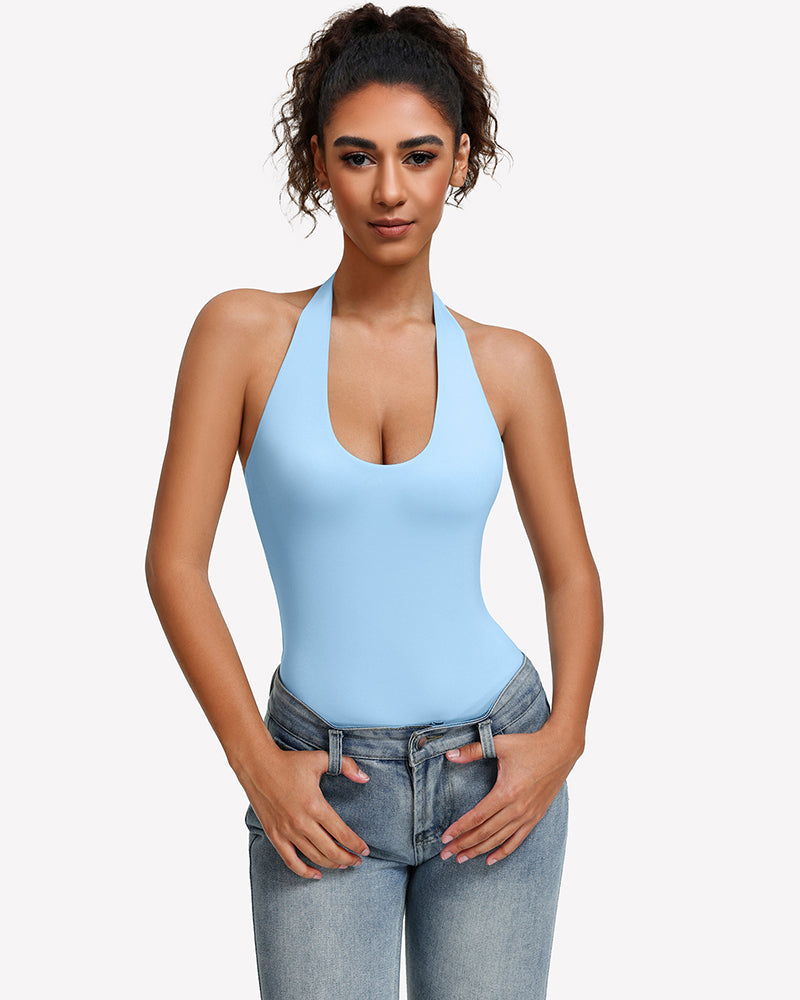 Light blue halter bodysuit with deep scoop neckline, worn with blue jeans